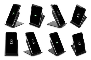 Beyaz arkaplanda kablosuz şarj cihazları ve akıllı telefonları olan kolaj