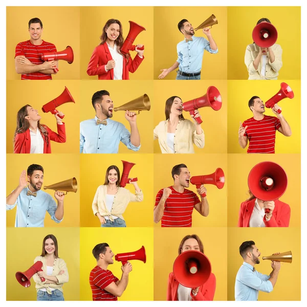 Collage Von Menschen Mit Megaphonen Auf Gelbem Hintergrund — Stockfoto