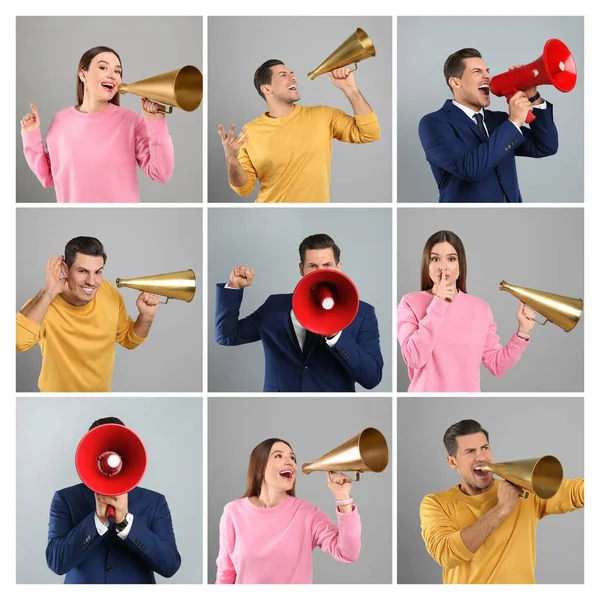 Collage Van Mensen Met Megafoons Grijze Achtergrond — Stockfoto