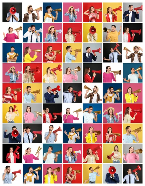 Collage Personnes Avec Des Mégaphones Sur Fond Couleur — Photo