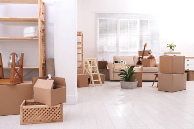 Oturma odasında karton kutular ve ev eşyaları. Taşınma günü