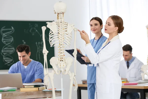Φοιτητές Ιατρικής Που Μελετούν Ανατομία Ανθρώπινου Σκελετού Στην Τάξη — Φωτογραφία Αρχείου