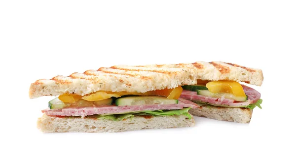 Tasty sandwich with ham on white background — ストック写真