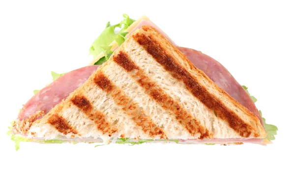 Ízletes szendvics sonkával, fehér háttérrel, felülnézet — Stock Fotó
