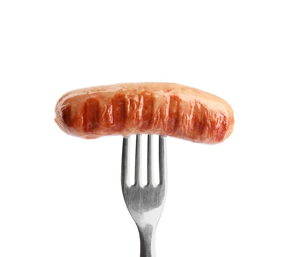 Вилка с жареной колбасой, изолированная на белом — стоковое фото