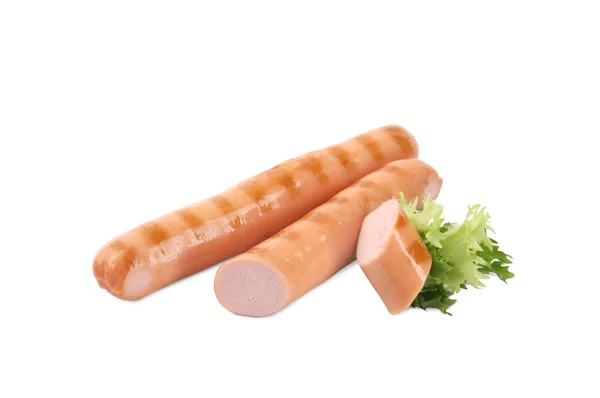 Savoureux frais saucisses grillées isolées sur blanc — Photo