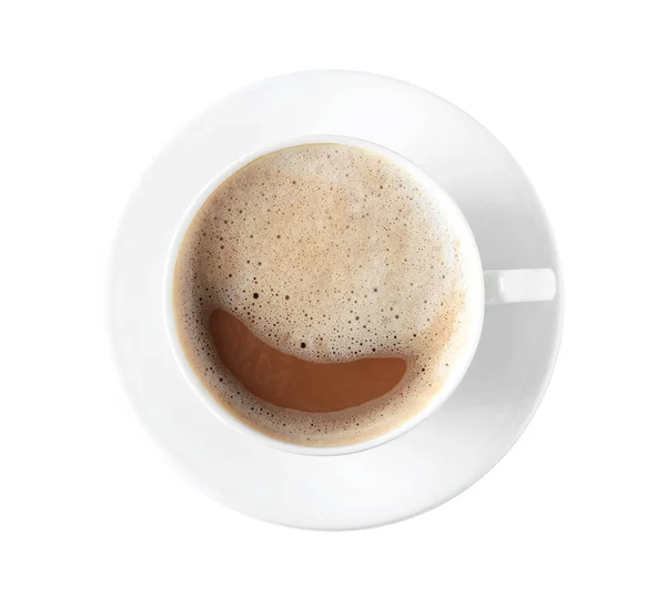Cangkir kopi lezat diisolasi pada putih, top view — Stok Foto