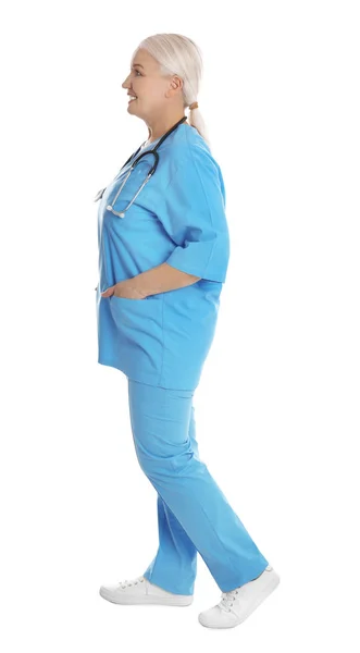 Full length portrait of mature doctor on white background — Stock Photo, Image