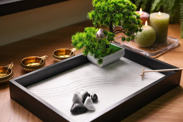 Magnifique Jardin Zen Miniature Bougies Lampes Huile Sur Table — Photo