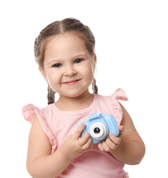 Piccolo fotografo con macchina fotografica giocattolo su sfondo bianco — Foto Stock