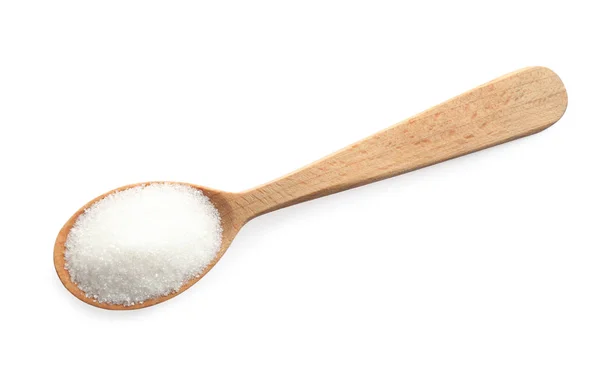 Açúcar granulado em colher isolado sobre branco, vista superior — Fotografia de Stock