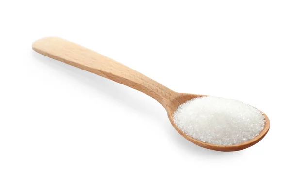 Granulated sugar in spoon isolated on white — Stock Photo, Image