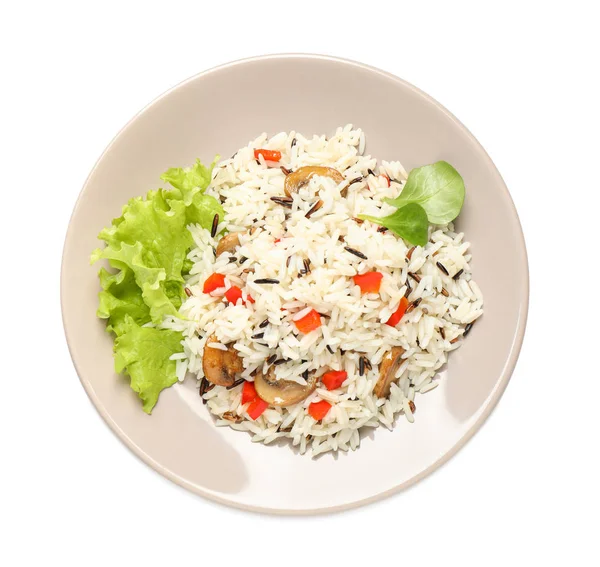 Delicioso pilaf de arroz con setas aisladas en blanco, vista superior — Foto de Stock