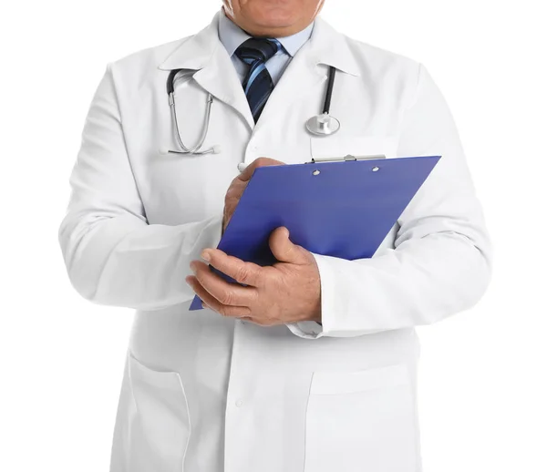 Senior doctor with clipboard on white background, closeup — 스톡 사진