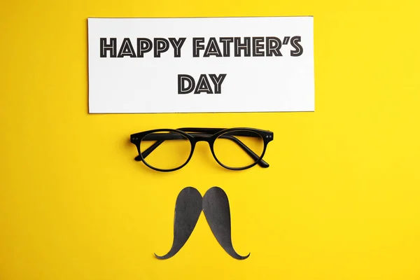 Eyeglasses Paper Mustache Card Phrase Happy Father Day Yellow Background — Stock Photo, Image