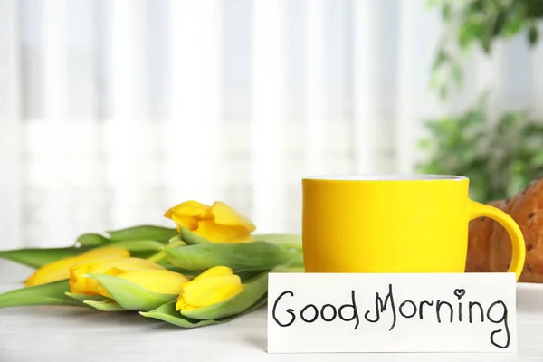 Croissant Koffie Mooie Bloemen Kaart Met Woorden Good Morning Witte — Stockfoto