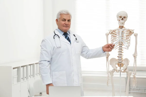 Ανώτερος ορθοπεδικός με ανθρώπινο σκελετικό μοντέλο στην κλινική — Φωτογραφία Αρχείου