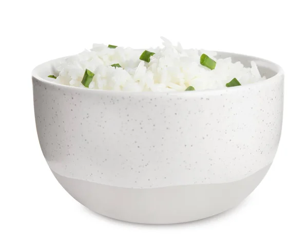 Миска з вареним рисом ізольована на білому — стокове фото