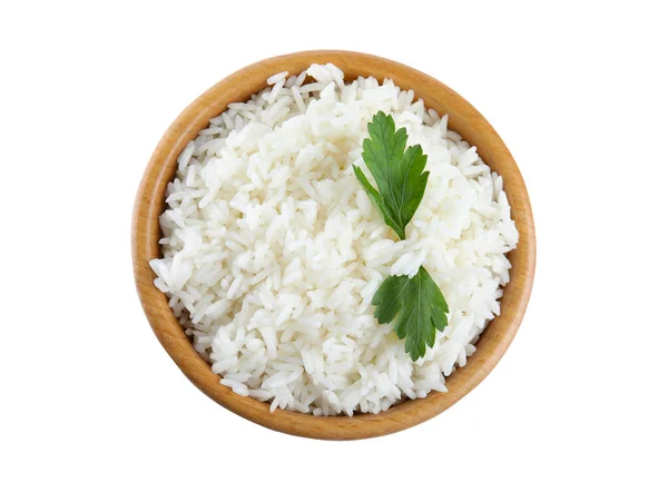 Drewniana miska z gotowanym ryżem i pietruszką izolowana na białym wierzchu — Zdjęcie stockowe
