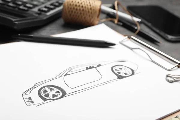 Drawing Car Table Closeup Designer Workplace — Stock Photo, Image