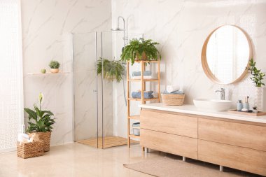 Stylish bathroom interior with countertop, shower stall and hous