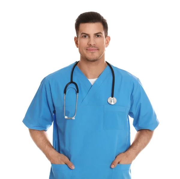 Portrait of doctor with stethoscope on white background — Stock Photo, Image