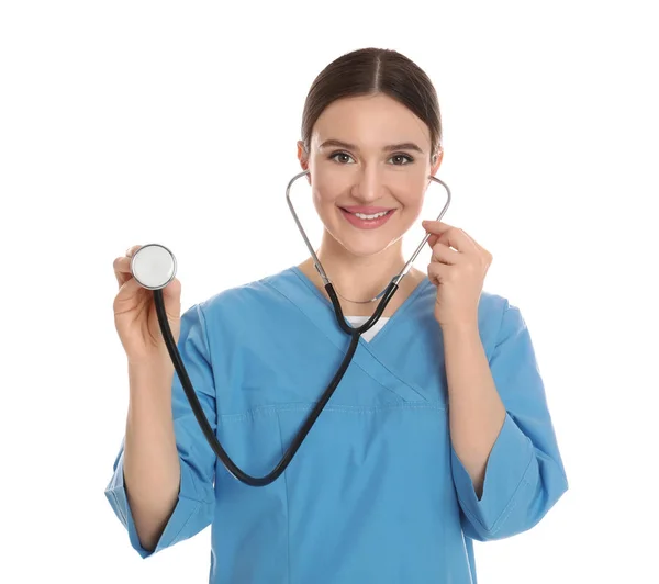 Portrait of doctor with stethoscope on white background — 스톡 사진