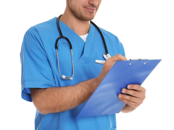 Doctor with clipboard on white background, closeup — 스톡 사진