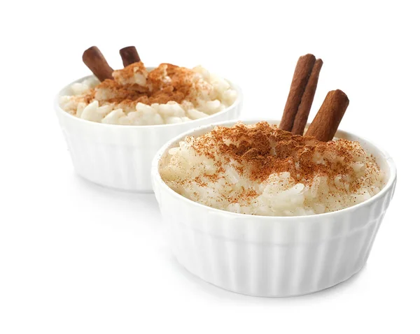 Delicious Rice Pudding Cinnamon Isolated White — Stock Photo, Image