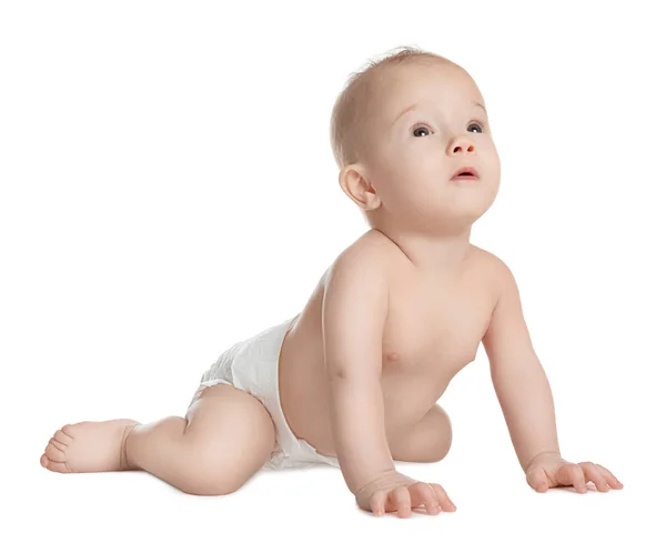 Cute little baby in diaper on white background Royalty Free Stock Images