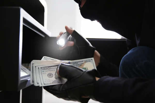 Thief Taking Money Out Steel Safe Indoors Closeup — 스톡 사진