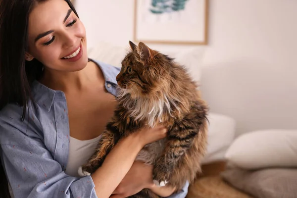 Mooie jonge vrouw met haar schattige kat in de slaapkamer. pluizig huisdier — Stockfoto