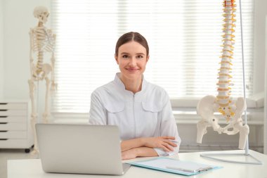 Female orthopedist with laptop near human spine model in office clipart