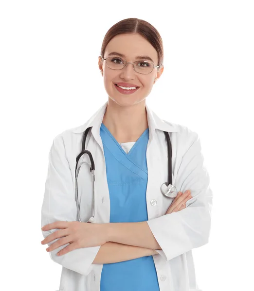 Portret lekarza ze stetoskopem na białym tle — Zdjęcie stockowe