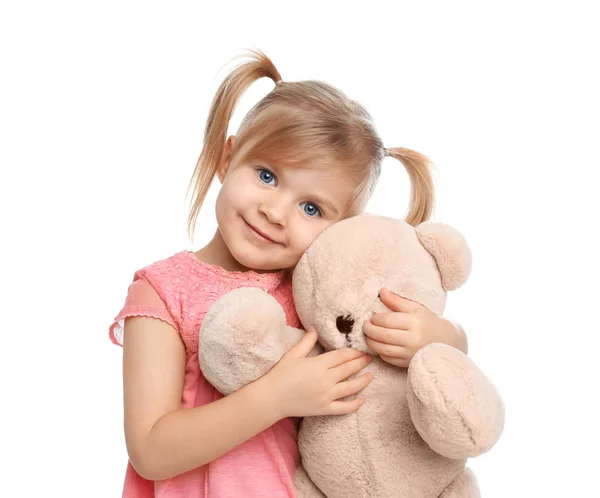 Cute Little Girl Teddy Bear White Background — Stock Photo, Image