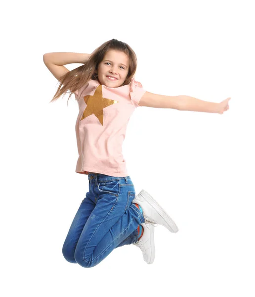 Full Length Portrait Preteen Girl Jumping White Background — Stock Photo, Image
