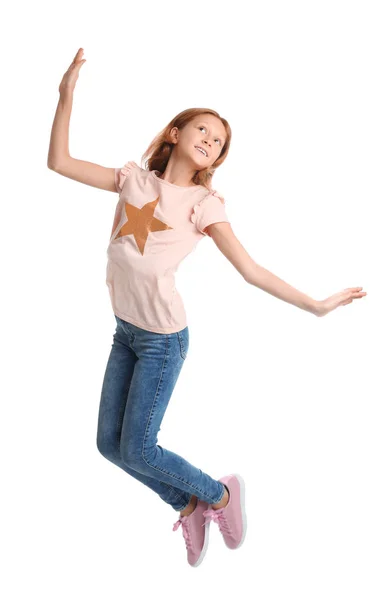 Retrato Comprimento Total Menina Pré Adolescente Pulando Fundo Branco — Fotografia de Stock