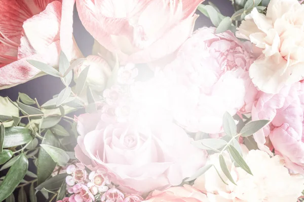 Beautiful fresh bouquet as background, top view. Floral decor — 스톡 사진