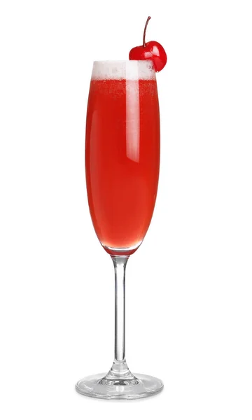 Frischer alkoholischer Mimosa-Cocktail mit Kirsche auf Weiß — Stockfoto