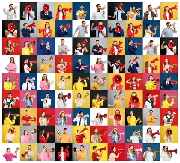 Collage Personnes Avec Des Mégaphones Sur Fond Couleur — Photo