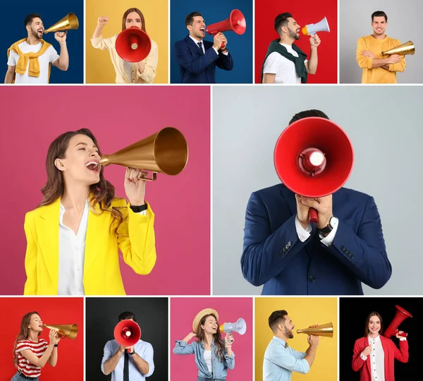 Collage Von Menschen Mit Megaphonen Auf Farbigen Hintergründen — Stockfoto