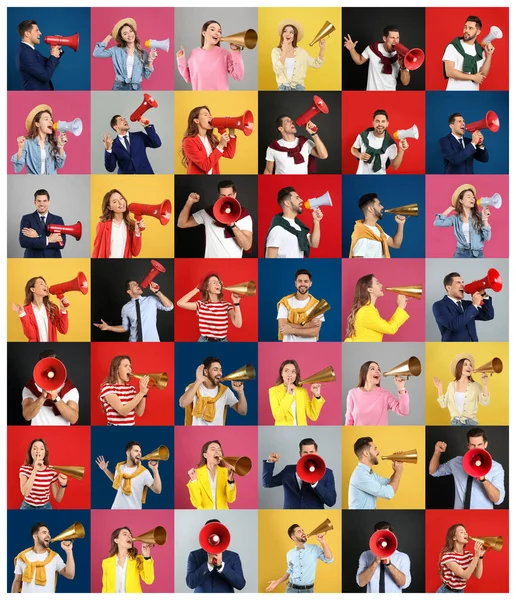 Collage Personas Con Megáfonos Sobre Fondos Color —  Fotos de Stock