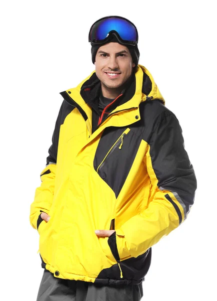 Man met stijlvolle wintersportkleding op witte achtergrond — Stockfoto