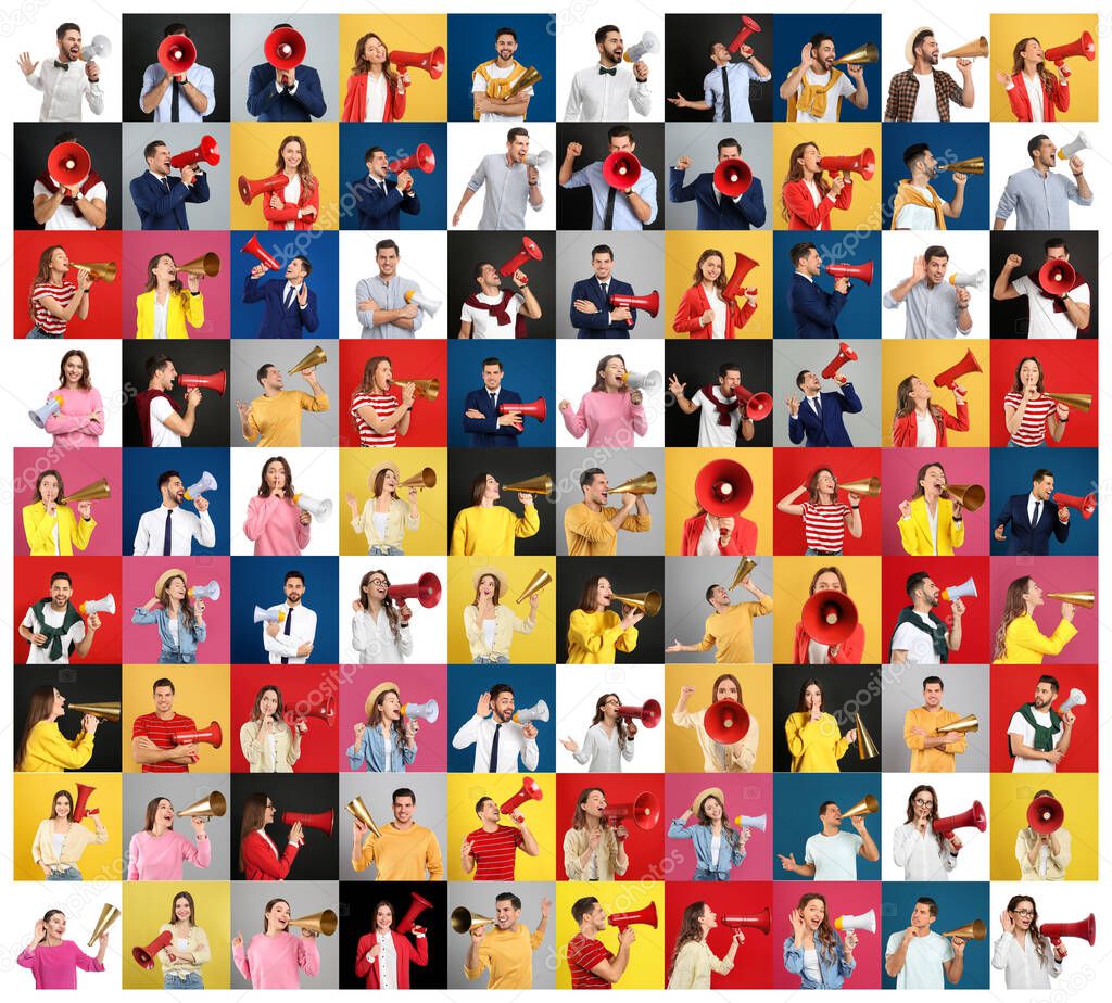 Collage of people with megaphones on color backgrounds