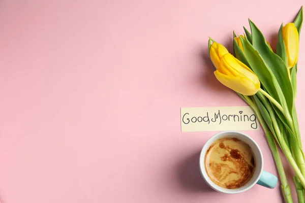 Heerlijke Koffie Mooie Bloemen Kaart Met Good Morning Wens Roze — Stockfoto