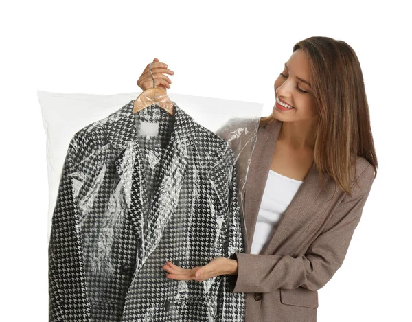 Jonge Vrouw Met Hanger Met Jas Plastic Zak Witte Achtergrond — Stockfoto