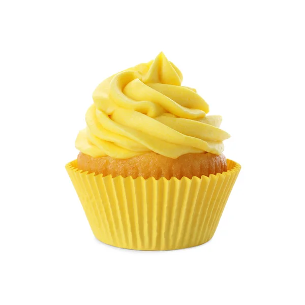 Вкусный день рождения кекс украшен желтым кремом изолированы — стоковое фото