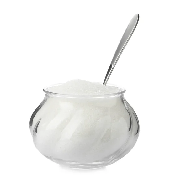 Bol en verre avec sucre et cuillère isolé sur blanc — Photo