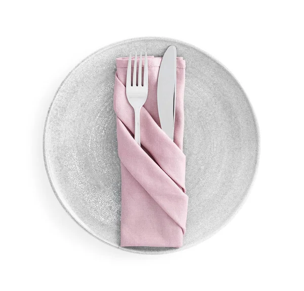 Stylish elegant cutlery with napkin in plate isolated on white, — Stock Photo, Image