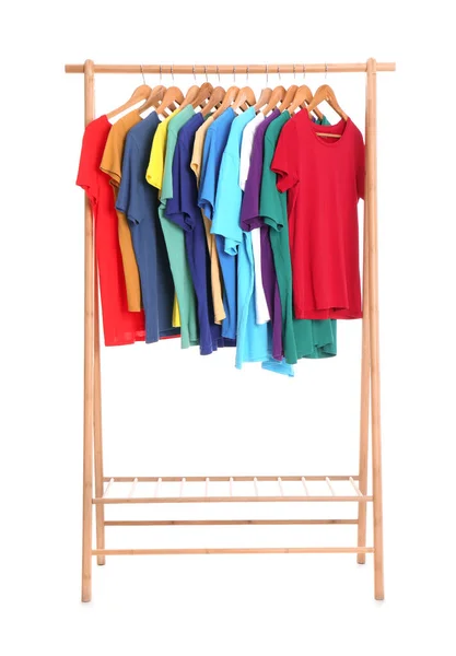 Rack with stylish clothes isolated on white — Stock Photo, Image